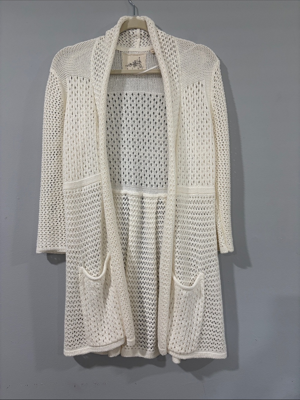 ANTHROPOLOGY ANGEL OF THE NORTH CREAM OPEN -KNIT CARDIGAN WITH POCKETS SIZE/ L